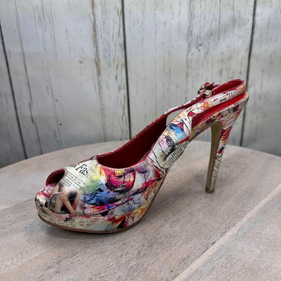 Newsprint Platform Peep Toe Womens Heels Red Retro Slingbacks Size 38 EU - Picture 8 of 15